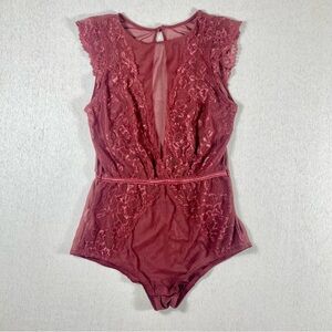 Marilyn Monroe Burgundy Cinnamon Sheer Lace One Piece Bodysuit M Floral Button